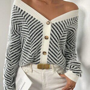 White Preppy Womens Striped Pattern Button Front Drop Shoulder Cardigan